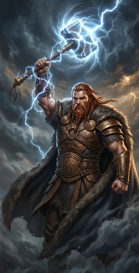Thor raising Mjölnir into a lightning-filled sky