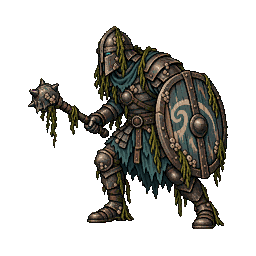 A heavily armored drowned guard with an enclosed helmet, oval shield, and mace