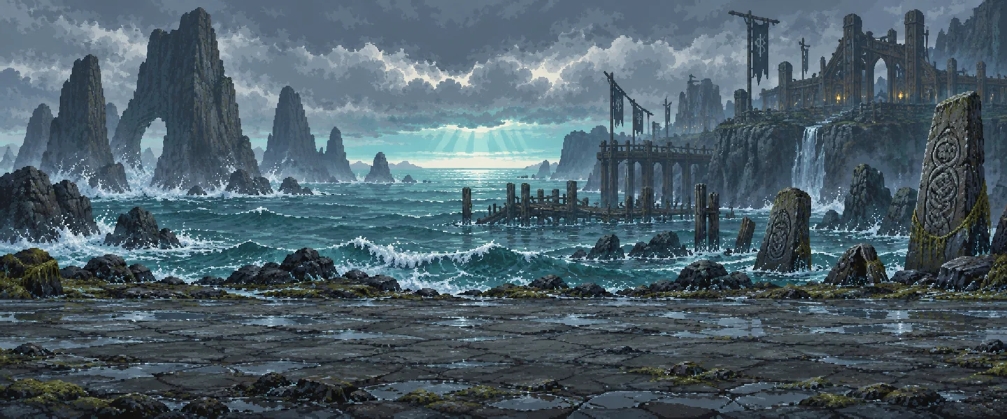 A stormy coast with broken piers, standing stones, and a ruined hall above the surf
