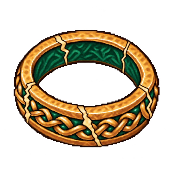 A circular gold arm-ring with emerald beneath interlaced knotwork and five irregular pale-gold repair seams