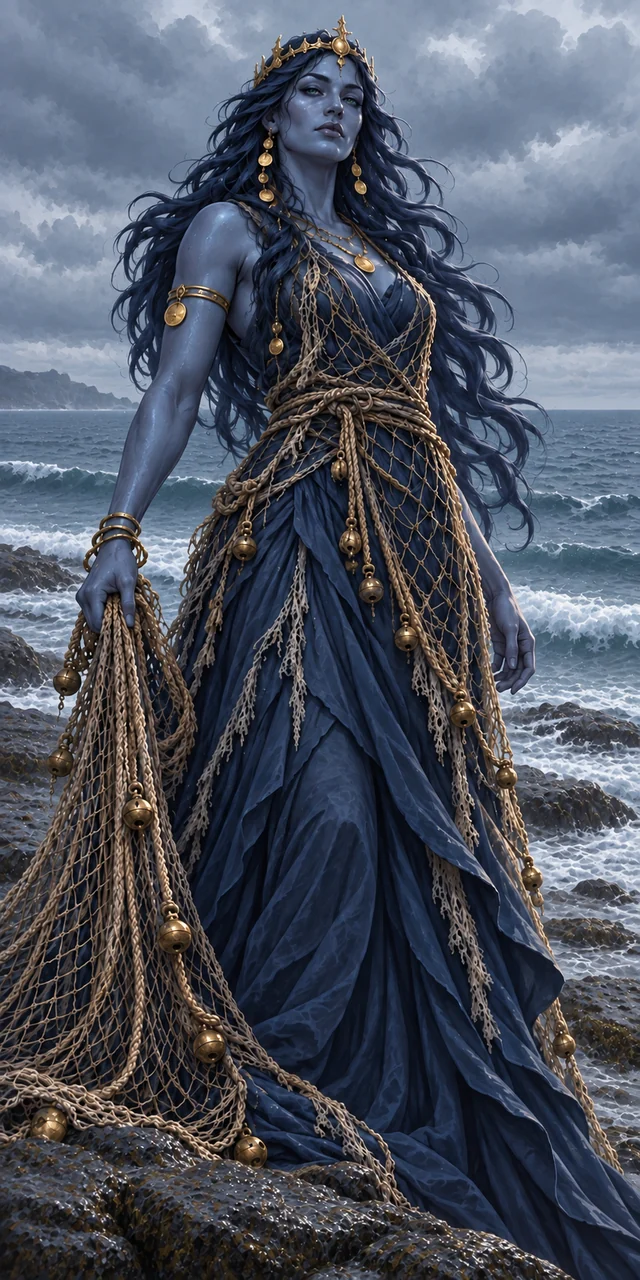 Rán on a stormy shore, wearing a gold crown and dark blue gown, carrying her weighted fishing net