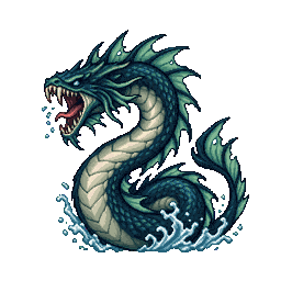 A coiled blue sea serpent with long fins and open jaws
