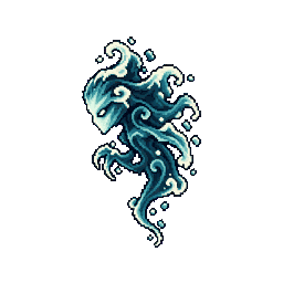 A pale-faced water spirit suspended in curling blue tendrils