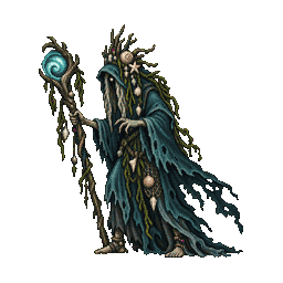 A sea-witch crowned with shells, carrying a driftwood staff